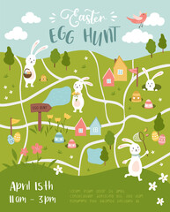 Fototapeta premium Cute Easter Egg hunt design, map for children, hand drawn with cute bunnies, eggs and decorations - great for invitations, banners, wallpapers - vector