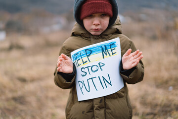 Stop putin. War of Russia against Ukraine. Ukrainian Crying boy asks to stop the war in Ukraine....