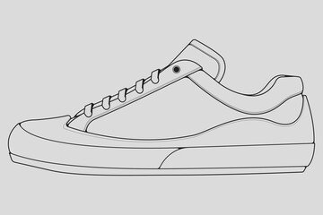 Shoes sneaker outline drawing vector, Sneakers drawn in a sketch style, black line sneaker trainers template outline, vector Illustration.
