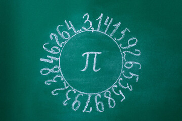 The Greek letter Pi is drawn in chalk on a green school blackboard in a circle of numbers