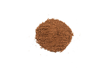 Makeup cosmetics. Eyeshadow in brown color crushed palette, colorful eye shadow powder on white background