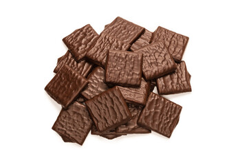 Dark chocolate candies isolated on white background.