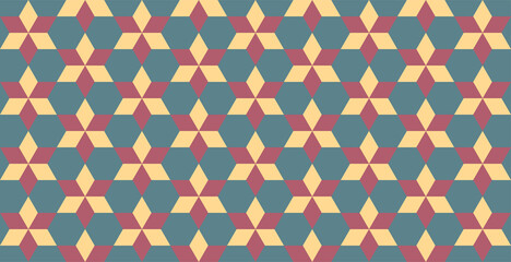 Geometric ornament in vintage style . Red and yellow stars on blue background.