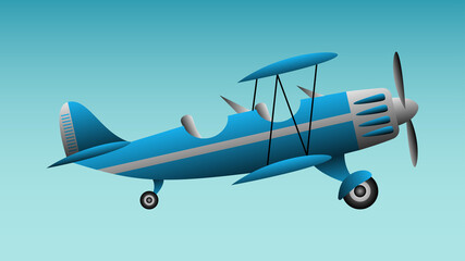 Blue vintage biplane in the sky. Blue air background