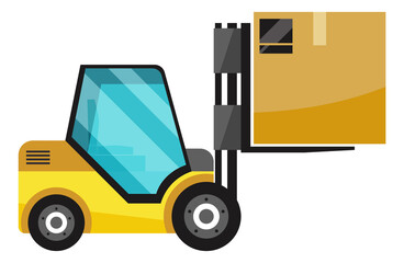 Yellow forklift lifting cardboard box. Storage truck