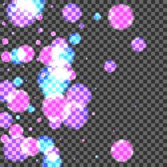 Blur Confetti Background Transparent Vector. Bokeh Noise Card. Effect Illustration. Blue Spot Overlay Texture. Purple Decoration.