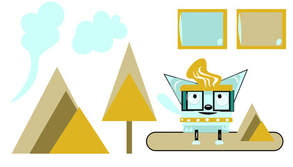 Water blue dog with glasses, tree and mountains vector set 