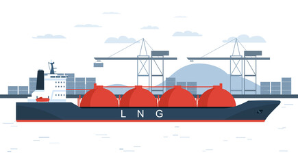 Gas carrier ship against the background of a container terminal. Vector illustration.