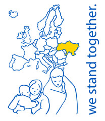 Flüchtlinge aus Ukraine in Europa, Aufnahme, we stand together, Flüchtlingshilfe, Konzept-Art mit eu-karte