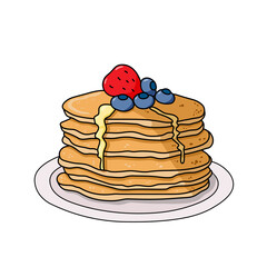 Pancakes with strawberry, blueberries and honey syrup vector illustraion. Food cartoon image. Breakfast meal.