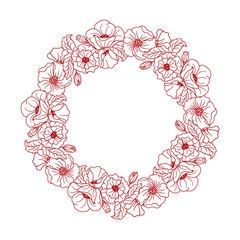 Round frame or wreath of poppy flowers for cards, invitations and design of things. Vector illustration