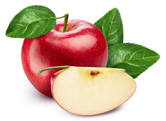 Red apple isolated on white background. Taste apple with leaf. Full depth of field with clipping...