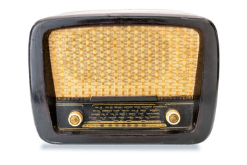 Vintage tube radio, or tuner of the postwar WW2, 1950s 20th century, isolated on white, clipping...