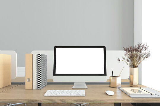 Office room with minimalist table and pc on top, gray wall. 3d rendering