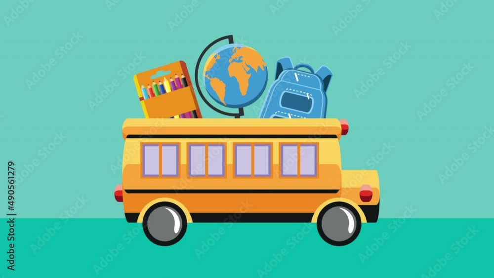Poster school bus and educative icons animation