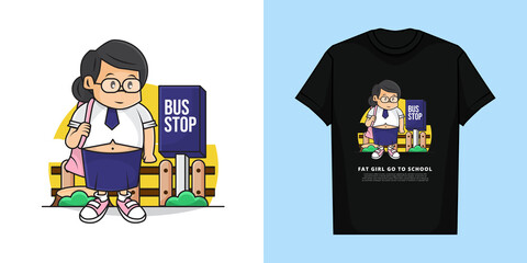 Illustration Vector Graphic of Fat Girl Waiting Bus go to School with T-Shirt Mockup Design