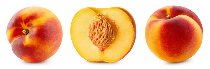 Peach collection fruit with half isolate. Peach set on white. Apricot clipping path.