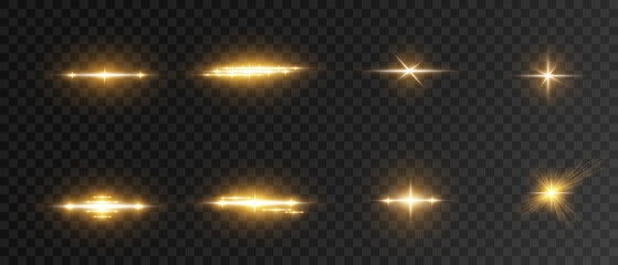 Fototapeta na wymiar A set of flares, bright lights and sparkles on a black background. Golden flashes and glare. Abstract golden isolated lights Bright rays of light. Glowing lines.