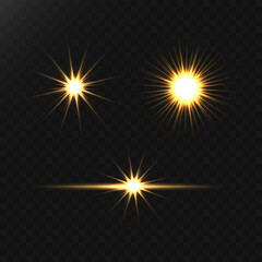 Glow of golden sparks of light on a dark background. Blurred glitter vector collection. Explosive flash, sun, flash of light.