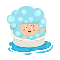 Girl taking bath in the bathtub with bubbles flat illustration