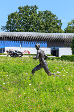 Lausanne, Switzerland - July 13, 2019: Sculpture of Paavo Nurmi in the park of the Olympic Museum in Lausanne. Sculptor Vaino Aaltonen