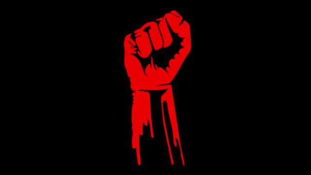 Red hand. Red blood. Death. Protest. Rally and demonstration. Resistance. Revolution in the State. War and Peace. Confrontation. Drawn animation.