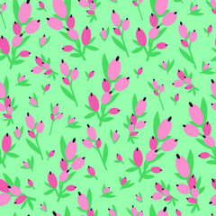 Spring hand drawn seamless pattern. Cute colorful flowers with green leaves in doodle style, vector illustration