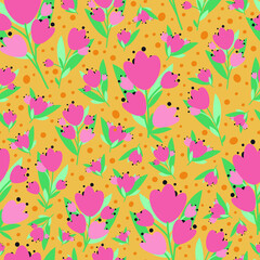 Spring hand drawn seamless pattern. Cute colorful flowers with dots and leaves in doodle style, vector illustration