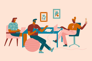 Women and men sitting at a desk working online on a laptop in co working space or modern office and drinking cup of coffee and chatting. Vector illustration