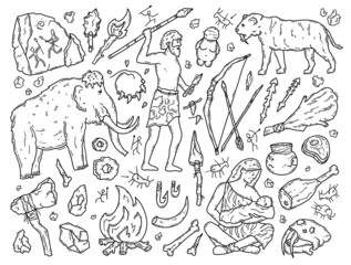 Cavemen and Neanderthals in the Stone Age, vector doodle set of icons. Ancient prehistoric people hunt mammoths and tigers. Tools and rock paintings. Paleontology and anthropology cartoon symbols. - obrazy, fototapety, plakaty