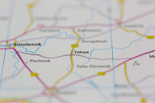 03-03-2022 Portsmouth, Hampshire, UK, Yelnya Russia shown on a road map or Geography map