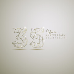 35 years anniversary logotype with gold wireframe low poly style. Vector Template Design Illustration. - obrazy, fototapety, plakaty