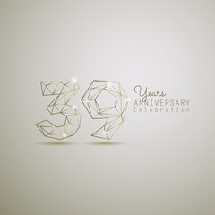 39 years anniversary logotype with gold wireframe low poly style. Vector Template Design Illustration.