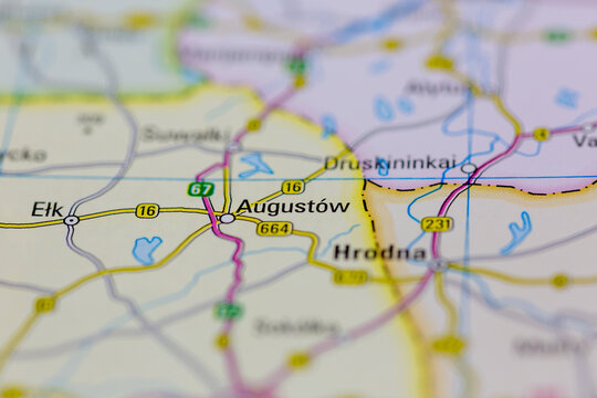03-03-2022 Portsmouth, Hampshire, UK, Augustow Poland shown on a Road map or Geography map
