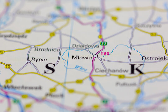 03-03-2022 Portsmouth, Hampshire, UK, Mlawa Poland shown on a Road map or Geography map