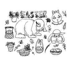 A set of black and white images of Easter celebrations. Design for holiday postcards, banners, magazine prints.