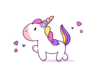 Cute Walking Unicorn Vector Icon Illustration. Unicorn linear icon. Unicorn Mascot Cartoon Character. Cartoon Style Suitable for Web Landing Page, Banner, Flyer, Sticker, Card