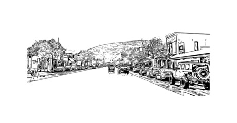 Building view with landmark of Moab is a city in eastern Utah. Hand drawn sketch illustration in vector.