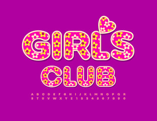 Fototapeta premium Vector beautiful template Girls Club with decorative Heart. Flower pattern Font. Set of Floral Alphabet Letters and Numbers