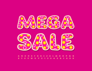 Vector promo tag Mega Sale. Cute style Font. Funky Alphabet Letters and Numbers set