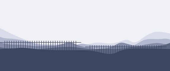 Simple mountain layers with fences landscape vector design concept can be used for background, backdrop, desktop background, banner, flyer, website background, ads banner.