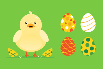 Cute baby chicken and decorated eggs vector cartoon style illustration, icons for Easter design.
