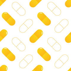 Yellow cartoon style pills, medications vector seamless pattern background for healthcare design.
