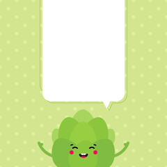 Cute happy green artichoke character with blank, empty speech bubble for message, information design.
