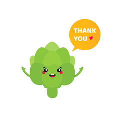 Cute smiling green artichoke character with speech bubble saying thank you, showing appreciation, gratitude.
