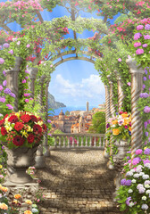 Fototapeta na wymiar View through the arch with flowers to the sea