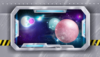 Space ship window view, vector shuttle futuristic inside frame, spacecraft rocket porthole, planet, stars. Game sci-fi background, metal cabin scene, universe galaxy illustration. Alien space window © Oleksandra