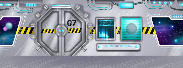 Space ship vector interior, spaceship inside station seamless background, futuristic game environment. Spacecraft window, metal door, alien control panel, panoramic corridor. Space ship illustration © Oleksandra