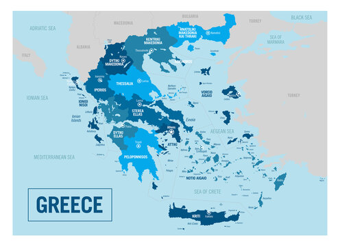 Greece country political map. Detailed vector illustration with isolated provinces, departments, regions, counties, cities, islands and states easy to ungroup.