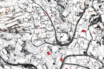 Overhead view of snow-covered Kyperounta village. Limassol District, Cyprus